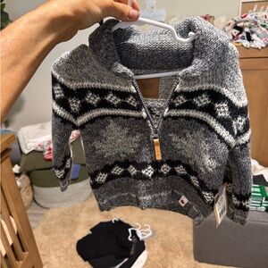 BNWT baby Gray and Black Knit Zip-Up Sweater